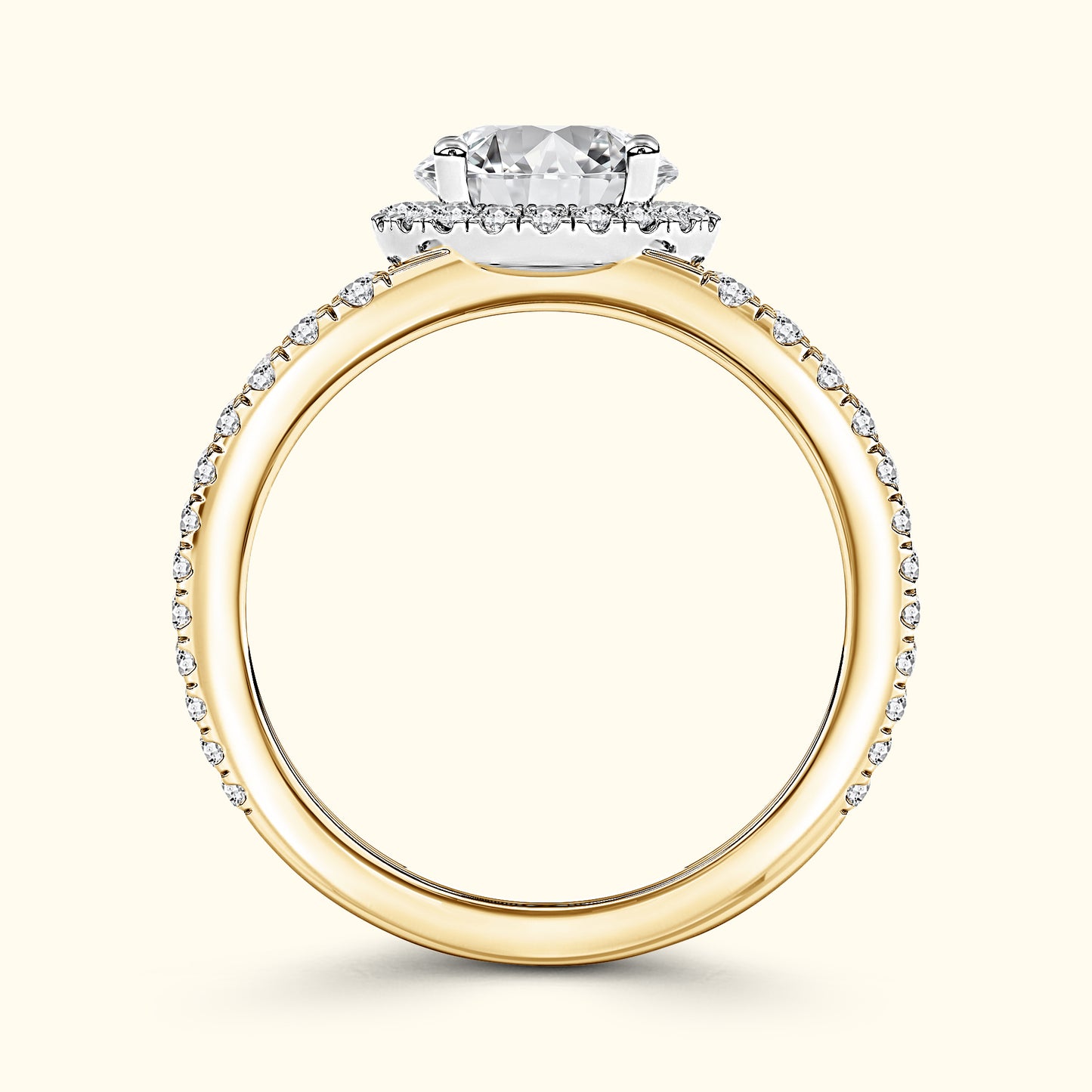 A gold engagement ring featuring a large central diamond and smaller stones along the band.