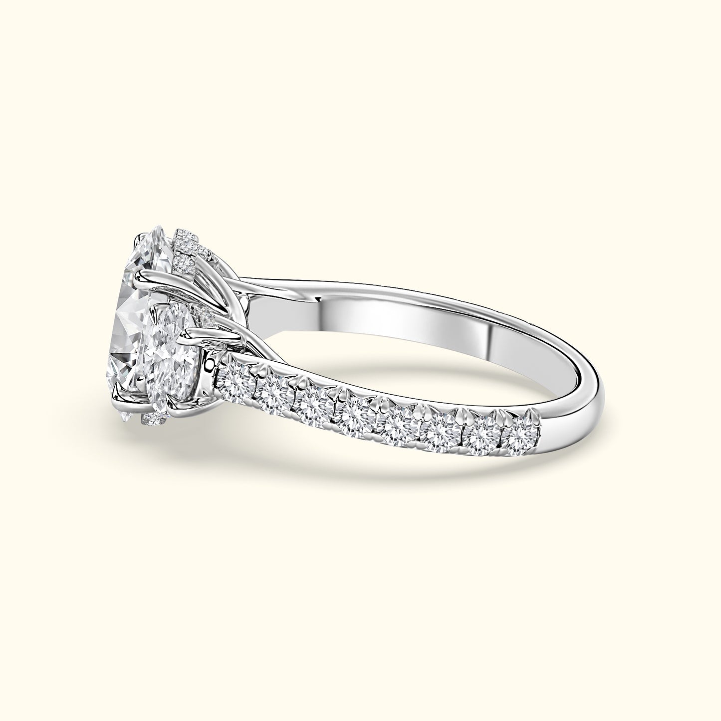 Elegant silver ring with a large central diamond and smaller diamonds along the band.