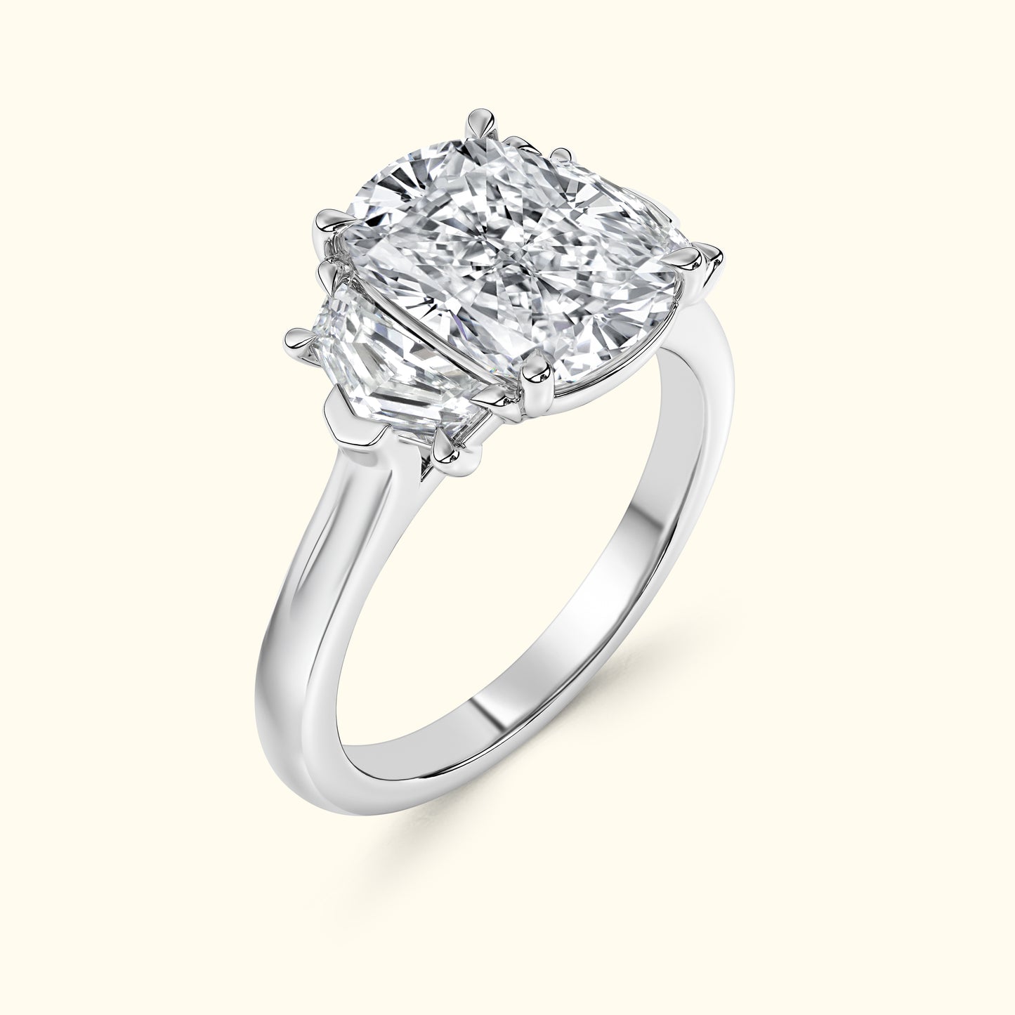 Elegant silver ring featuring a large central diamond and two smaller side diamonds.