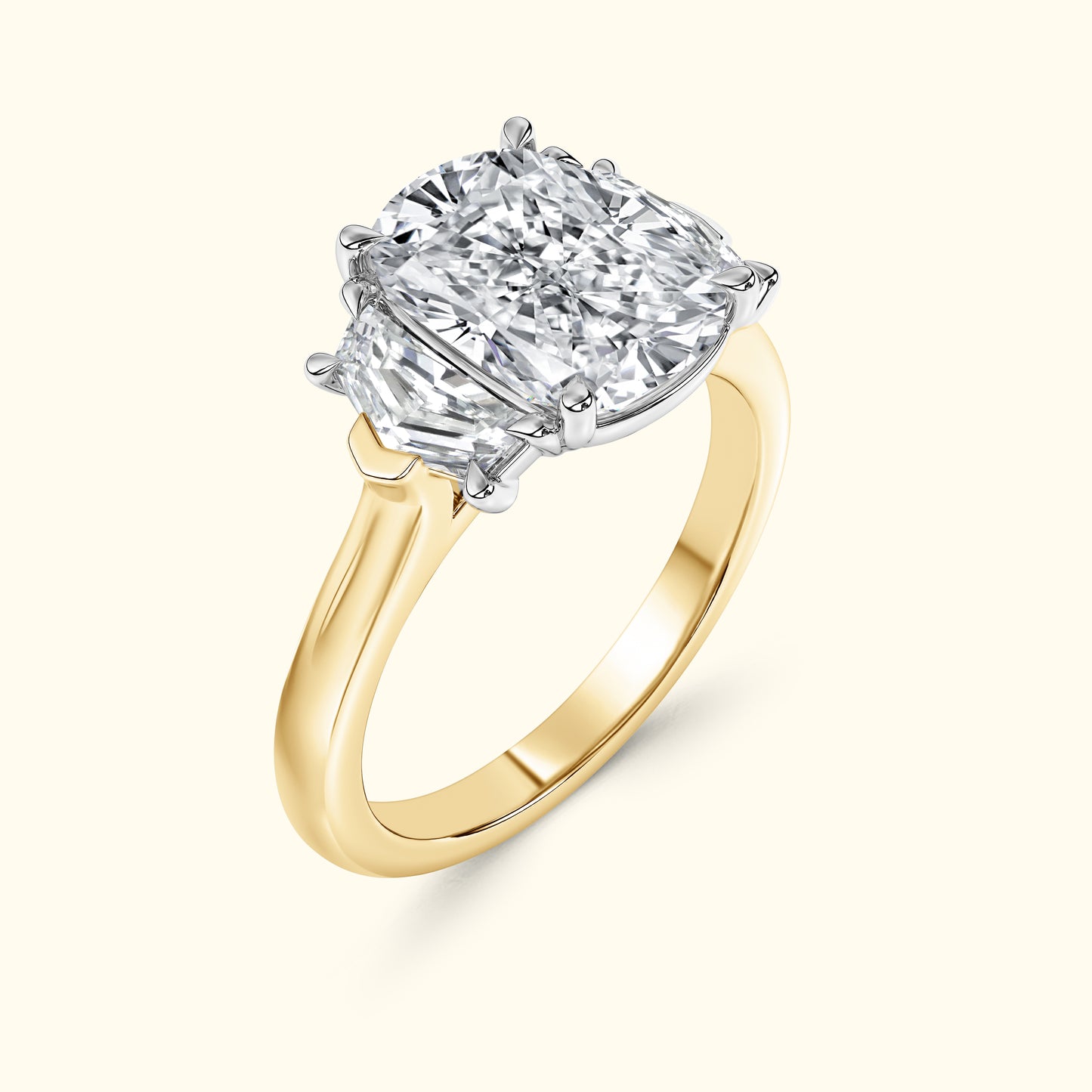 Delicate gold ring featuring a large, sparkling cushion-cut diamond centerpiece.