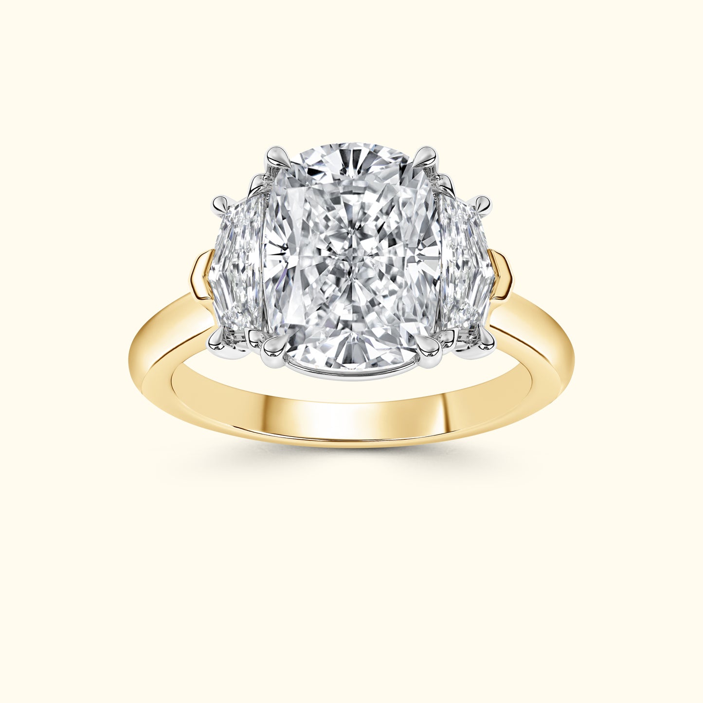 Three-stone diamond ring featuring a large center stone and two smaller side diamonds on a gold band.