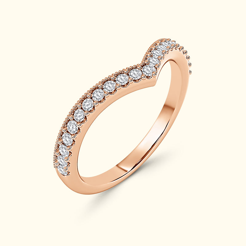 Rose gold ring with a curved design adorned with sparkling round diamonds.