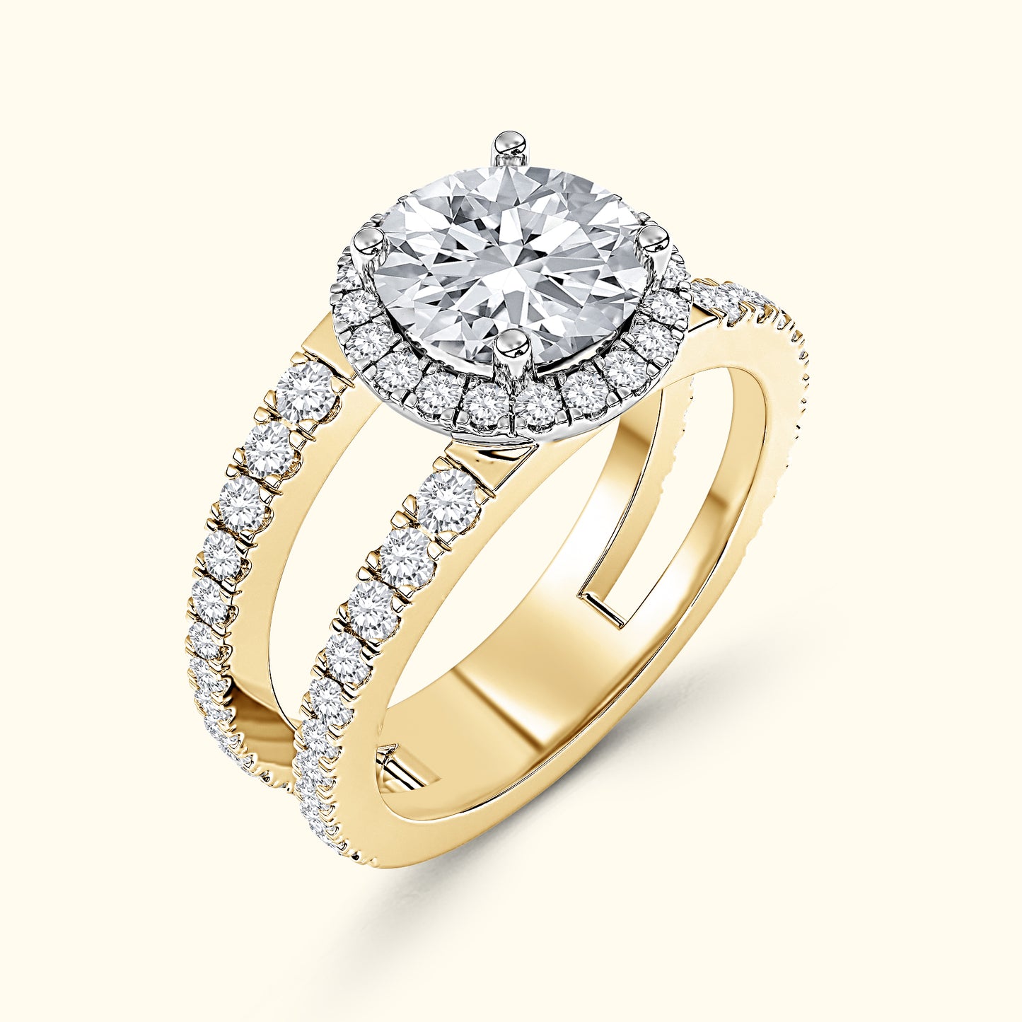 Gold engagement ring with a round diamond centerpiece and a halo of smaller diamonds.