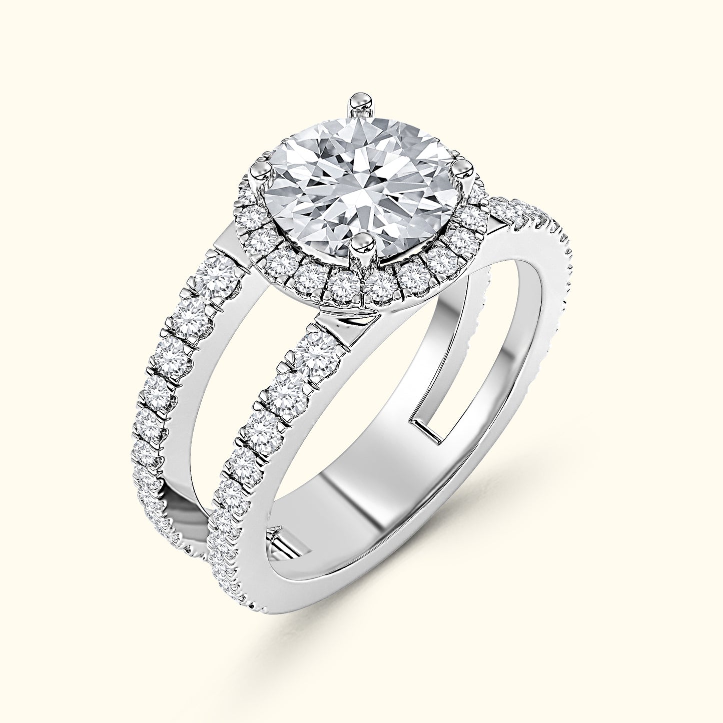 Elegant silver engagement ring with a large round diamond and smaller diamonds along the band.