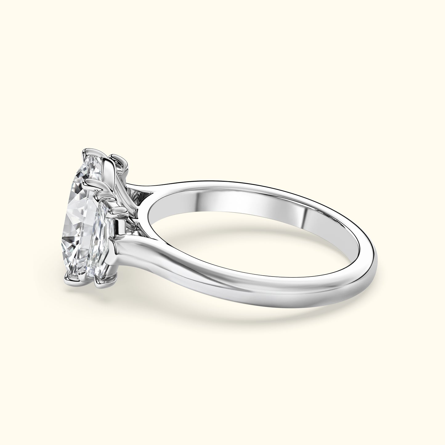 Elegant silver ring featuring a large, sparkling diamond at the center.