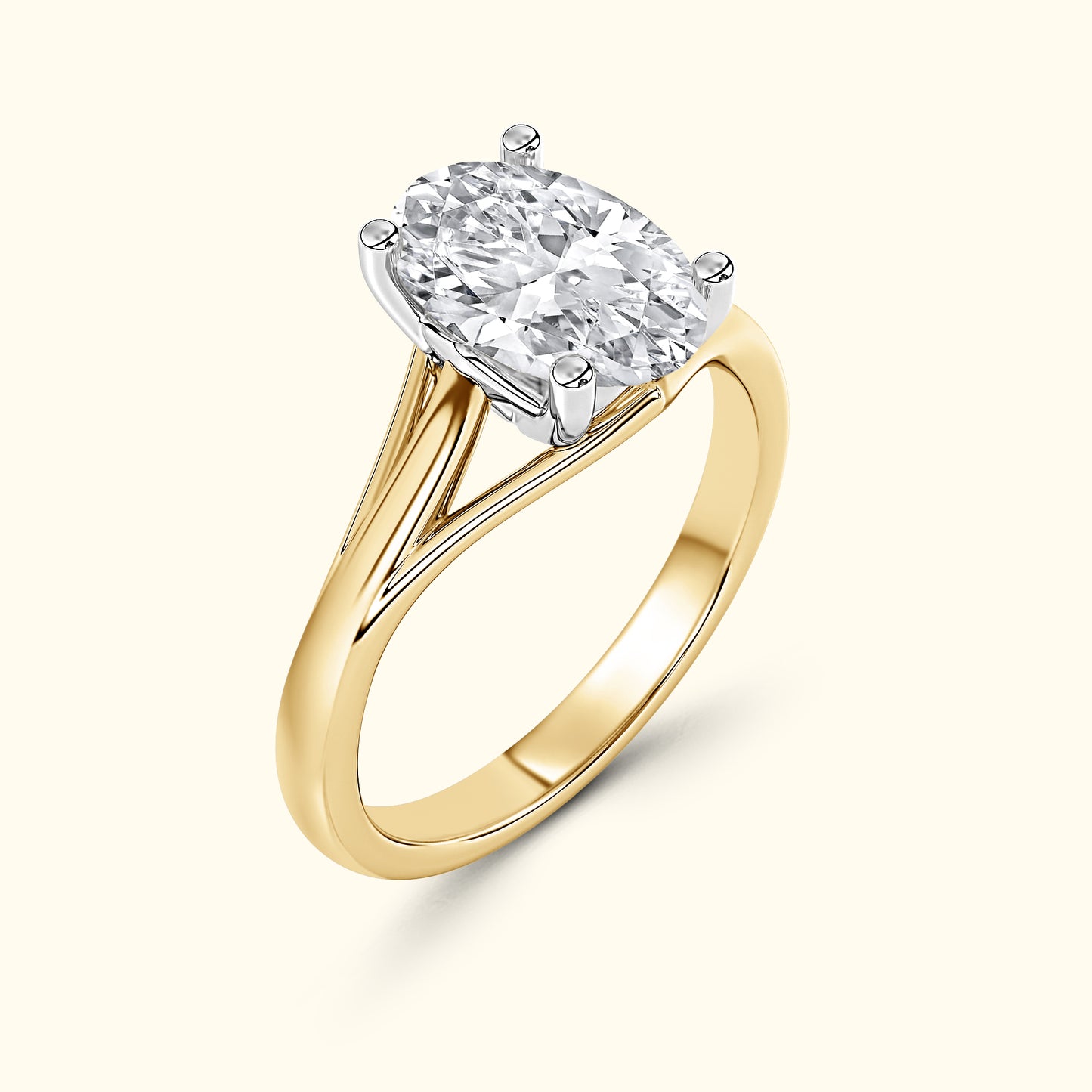 Classic yellow gold ring featuring an oval diamond set in a white gold prong.