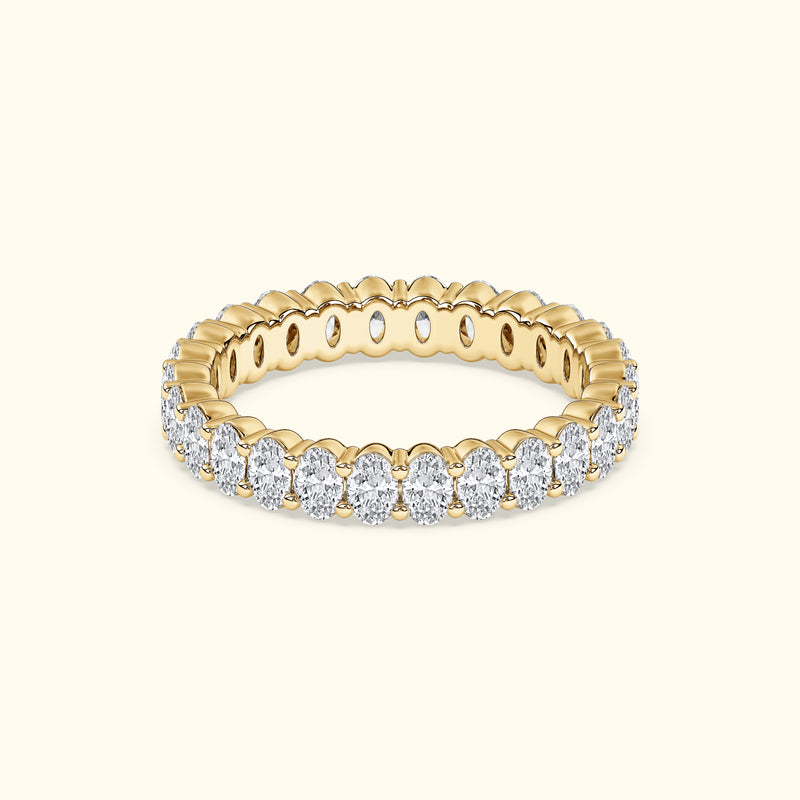 Gold band ring adorned with sparkling oval diamonds, set against a light background.