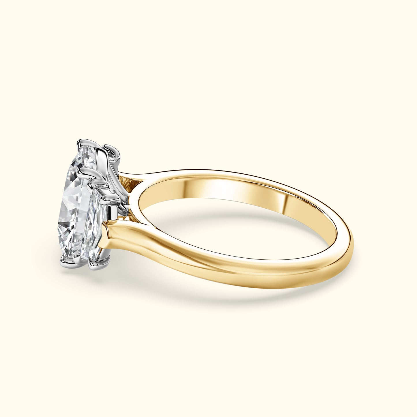 Elegant two-tone engagement ring featuring a large clear diamond.