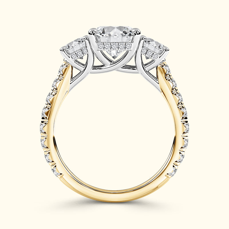 Three-stone engagement ring featuring a central diamond and side accents, set on a two-tone band.