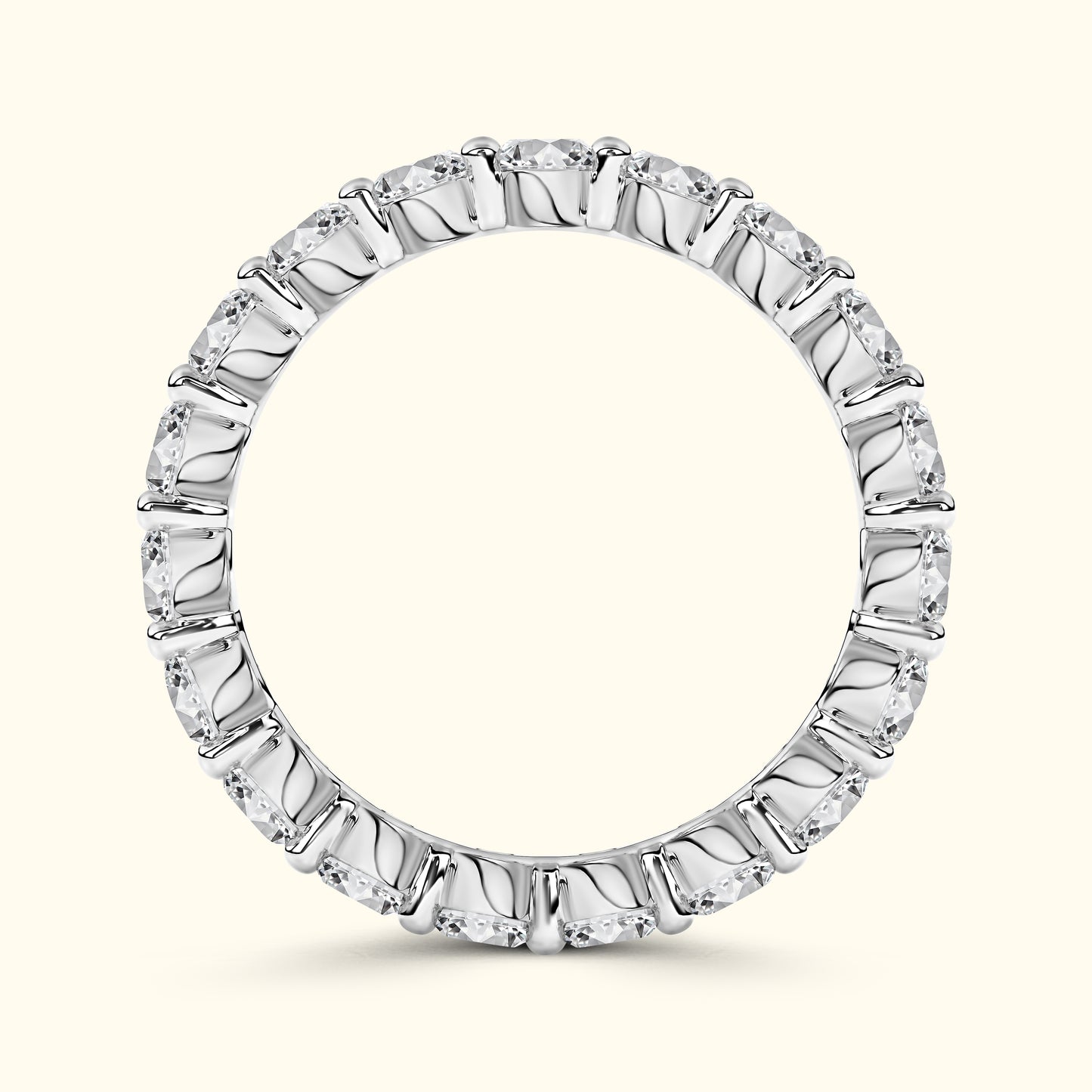 A circular silver ring adorned with multiple evenly spaced diamonds.