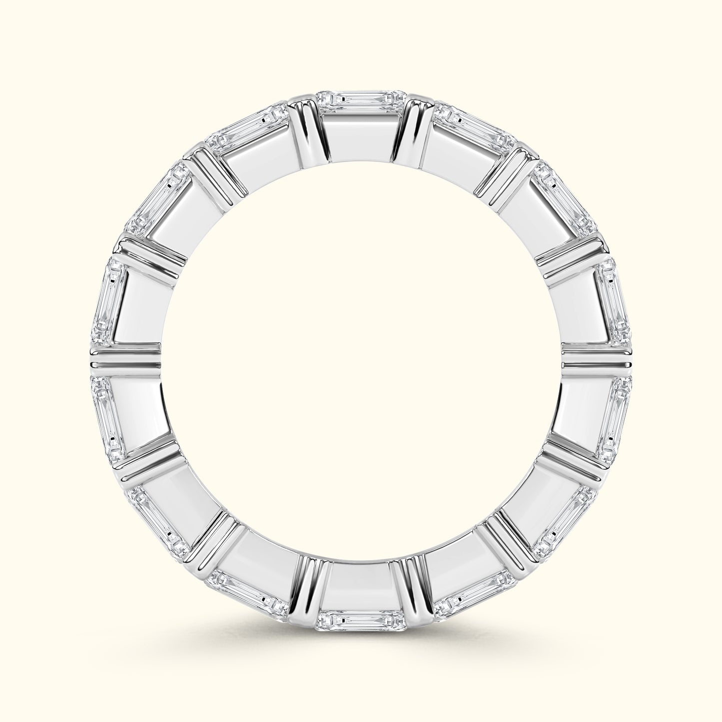 Baguette-cut diamond eternity band with a sleek, polished finish.
