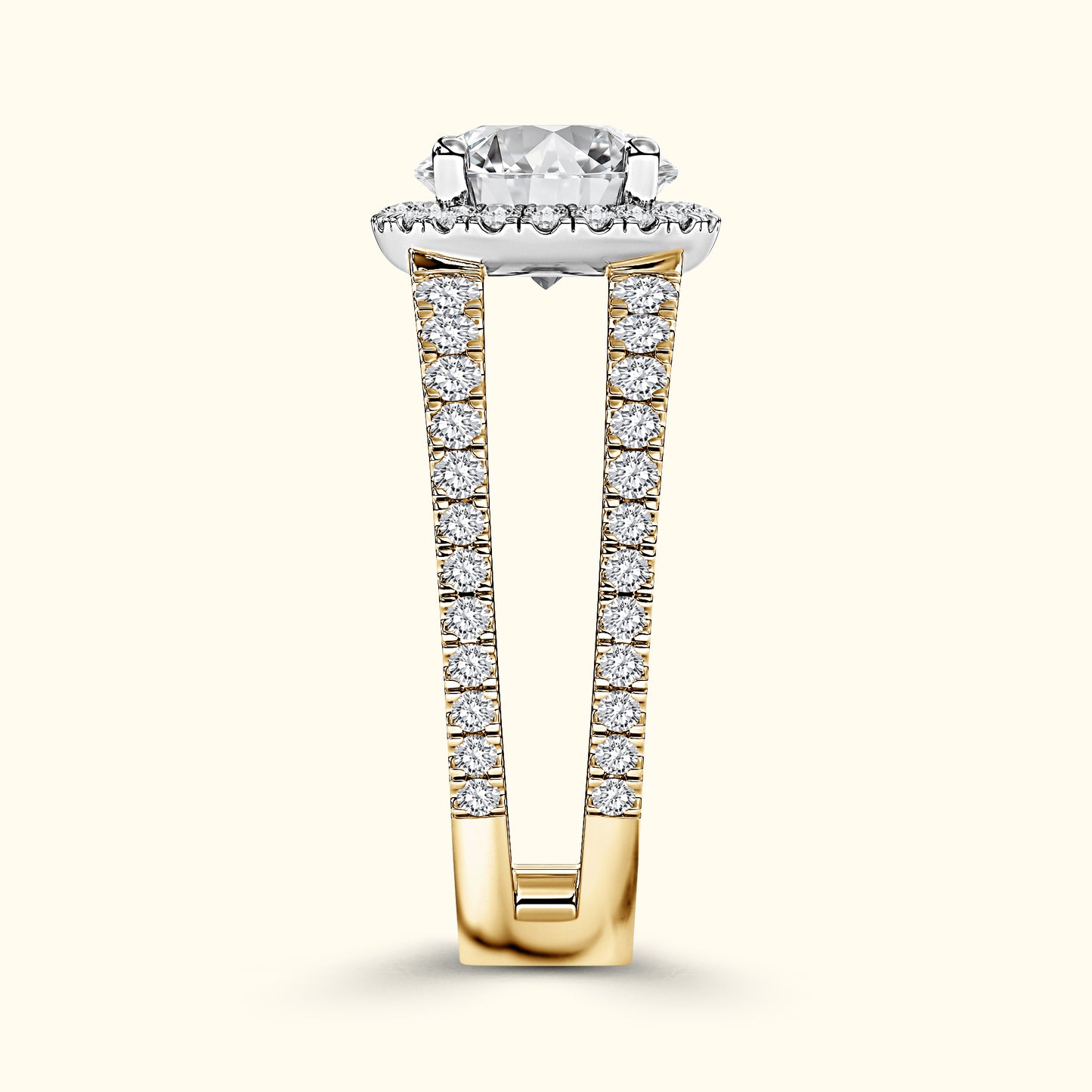 Yellow and white gold ring featuring a central diamond and embellished with smaller diamonds.