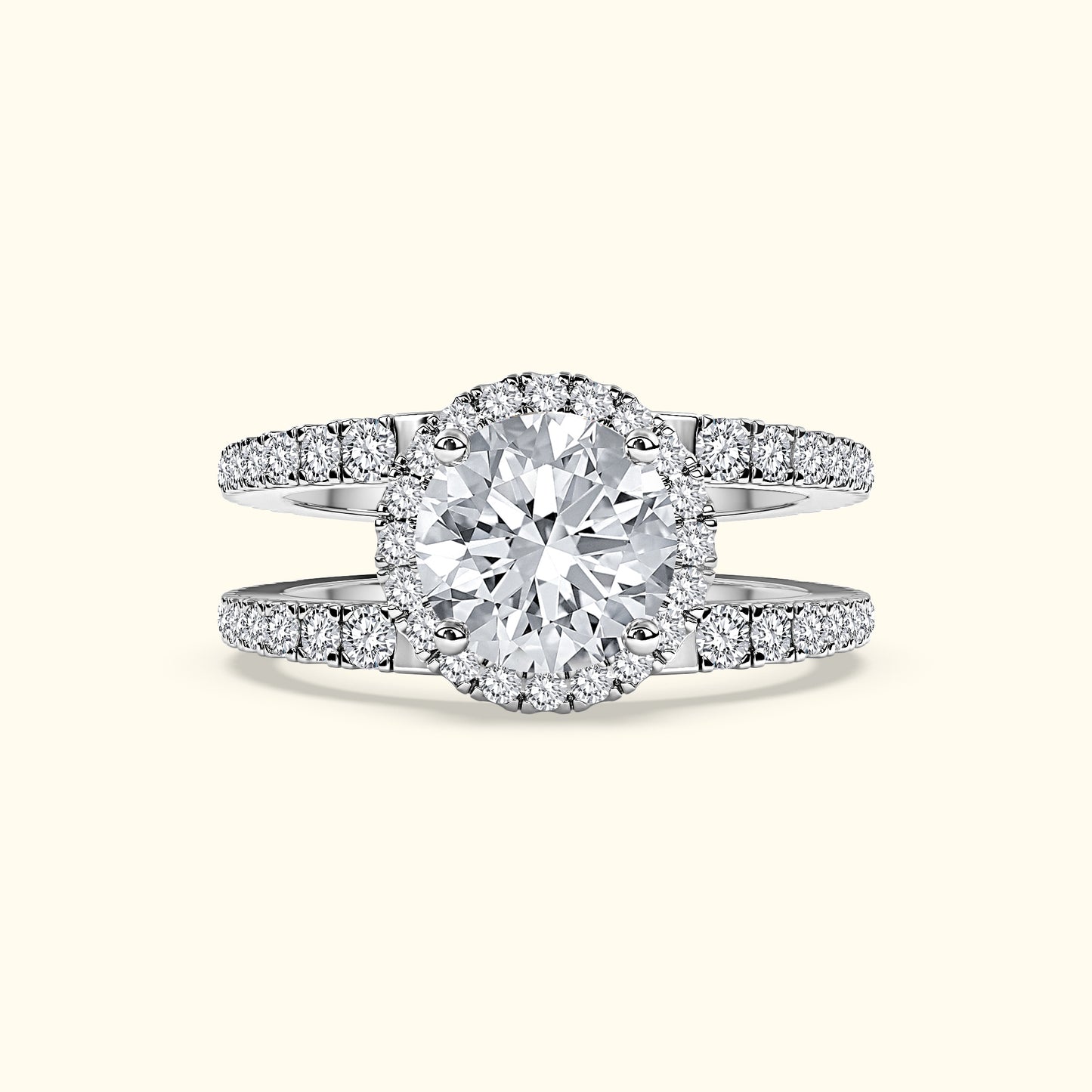 Double band engagement ring featuring a large round diamond surrounded by smaller stones.