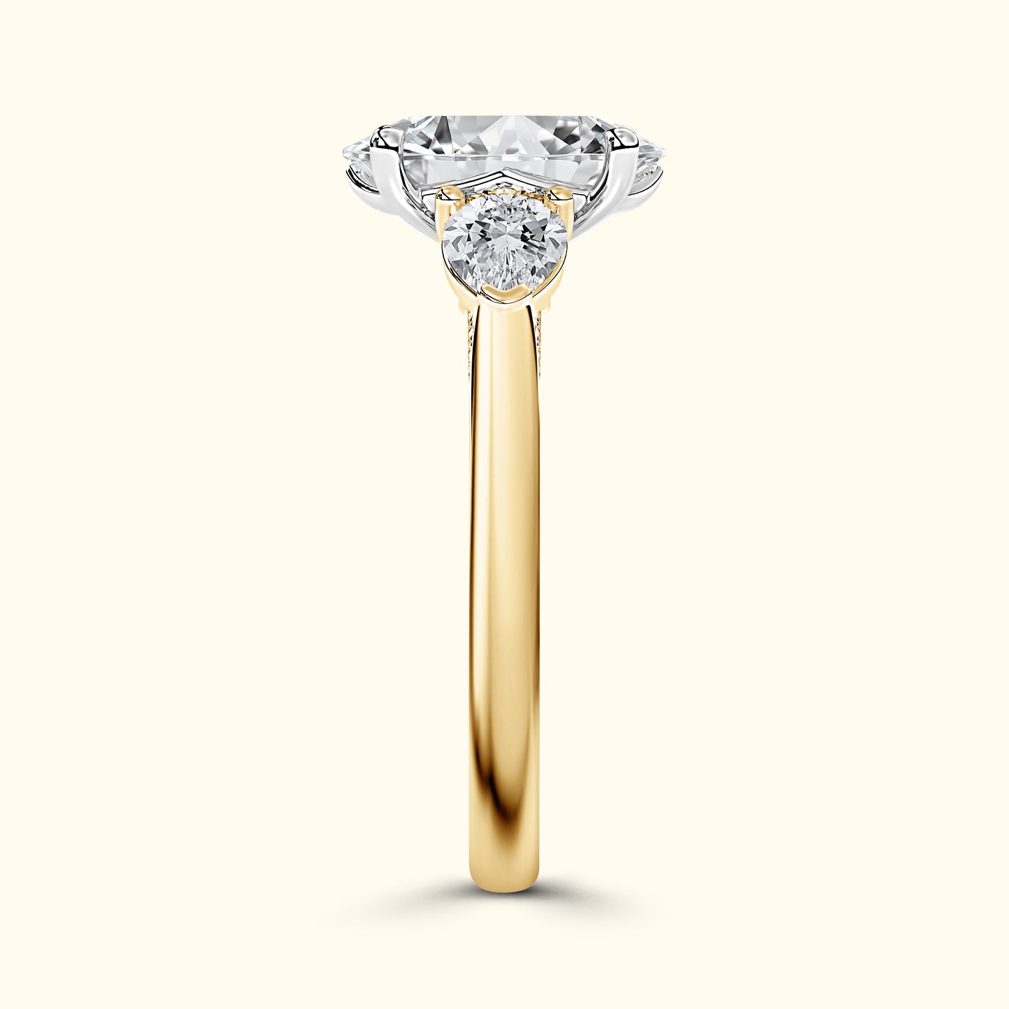 Solitaire diamond ring with a gold band and intricate silver prongs.