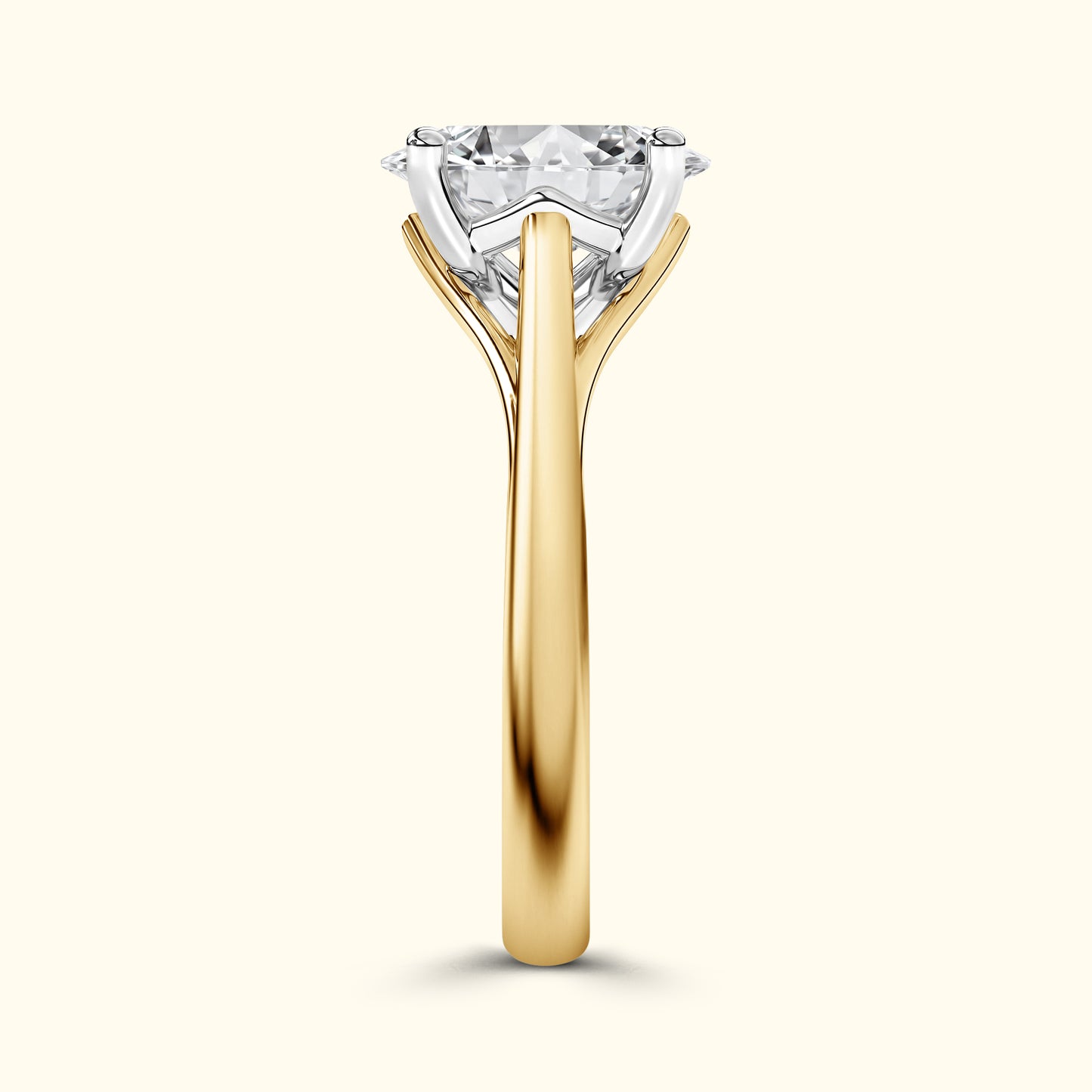 Elegant gold engagement ring featuring a large, sparkling diamond center stone.