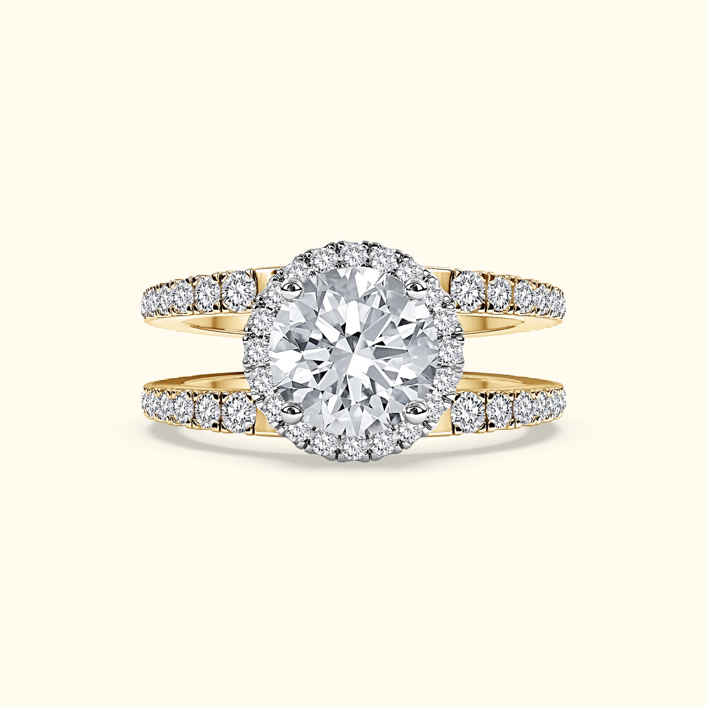 A gold ring featuring a large round diamond surrounded by smaller diamonds on both bands.