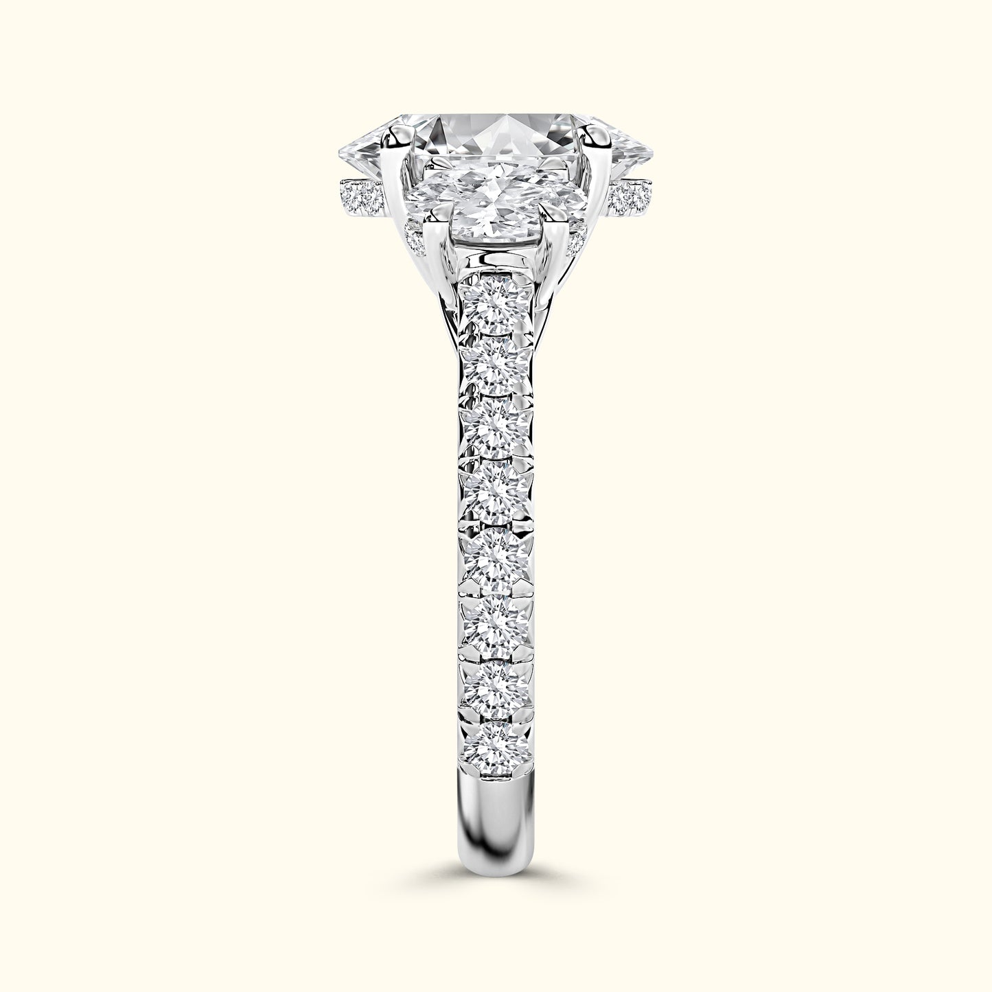 Solitaire engagement ring with a large diamond and pave-set side stones in a glossy band.
