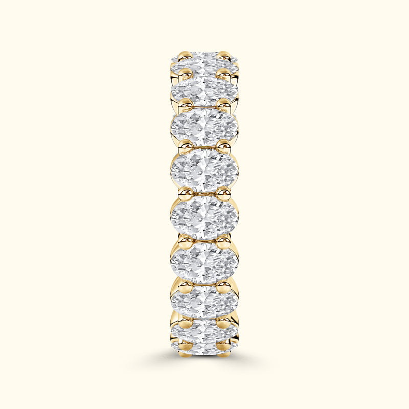 Gold band ring adorned with evenly spaced, sparkling round diamonds.