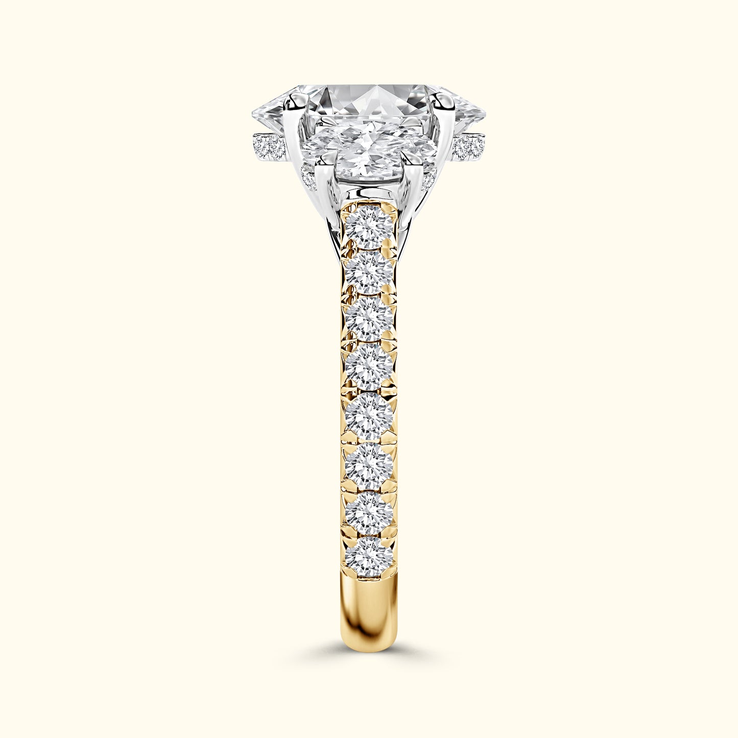 Elegant gold and silver engagement ring featuring a large center diamond and smaller stones.