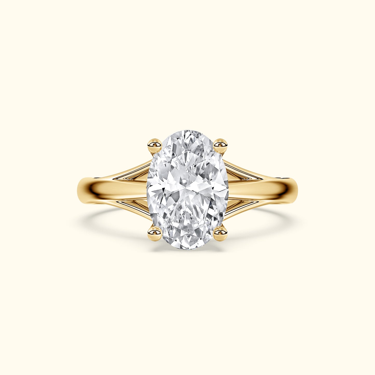 Oval diamond ring with a gold band and elegant side detailing.