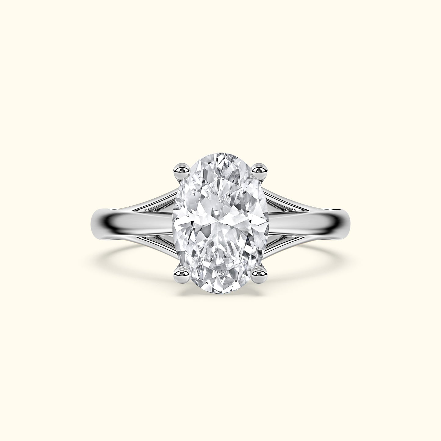 Silver ring featuring a large oval diamond center stone.