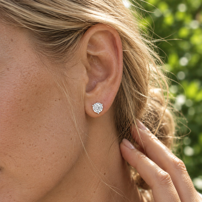 2.00 CTW round lab-grown diamond stud earrings in a signature three-prong martini-style 14kt white gold setting.