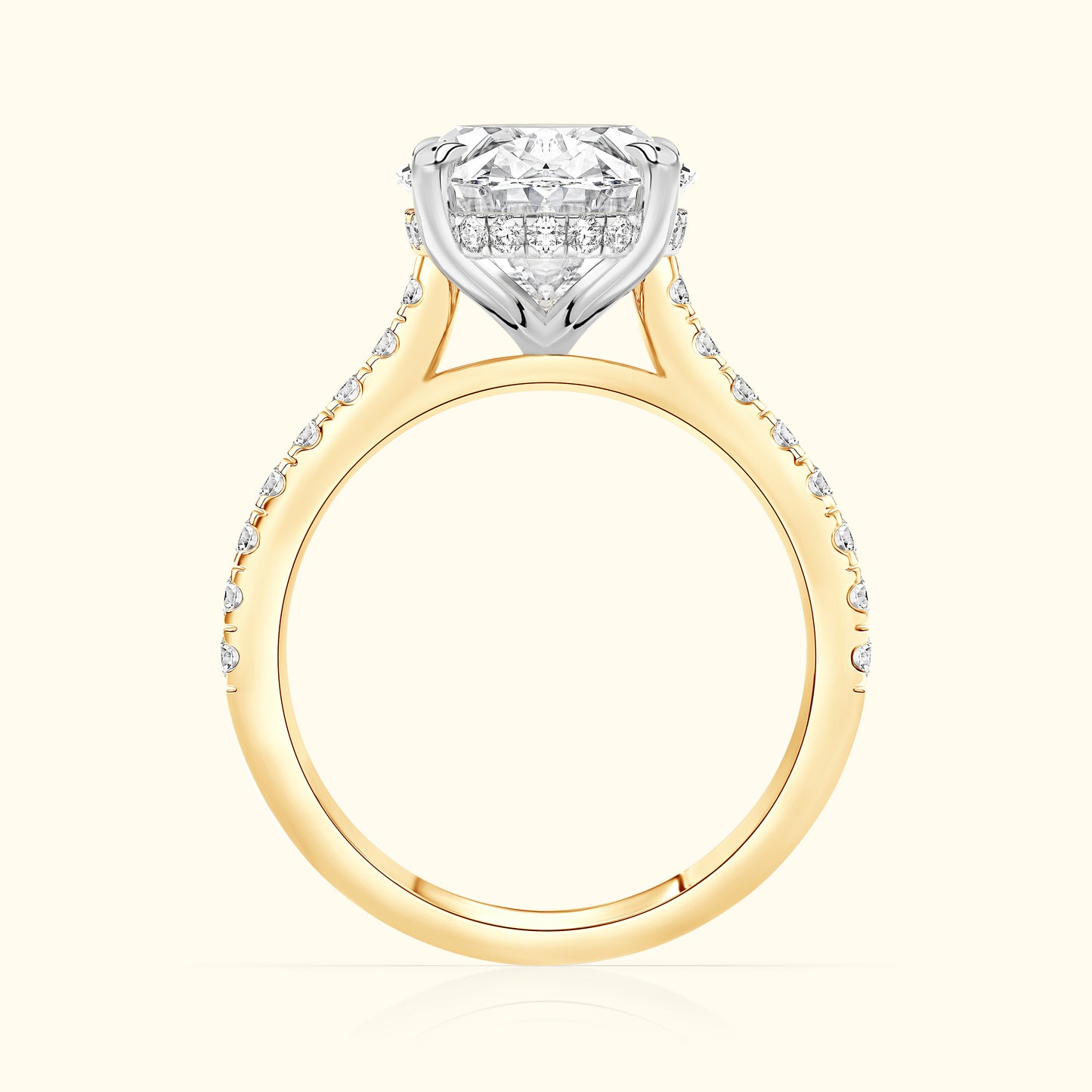 Elegant two-tone engagement ring featuring a large diamond and smaller accents along the band.