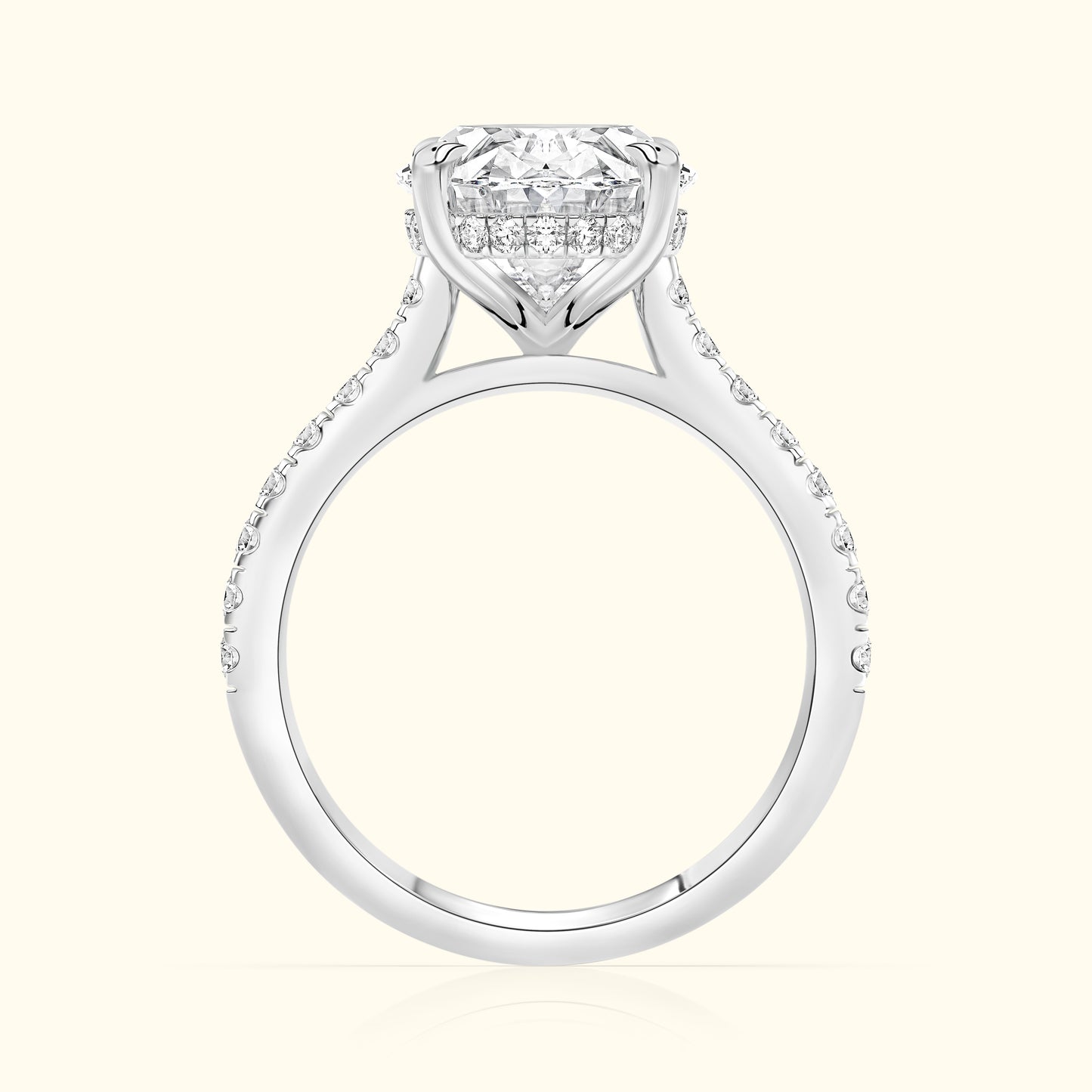 Elegant diamond engagement ring with a halo setting and sparkling side stones.