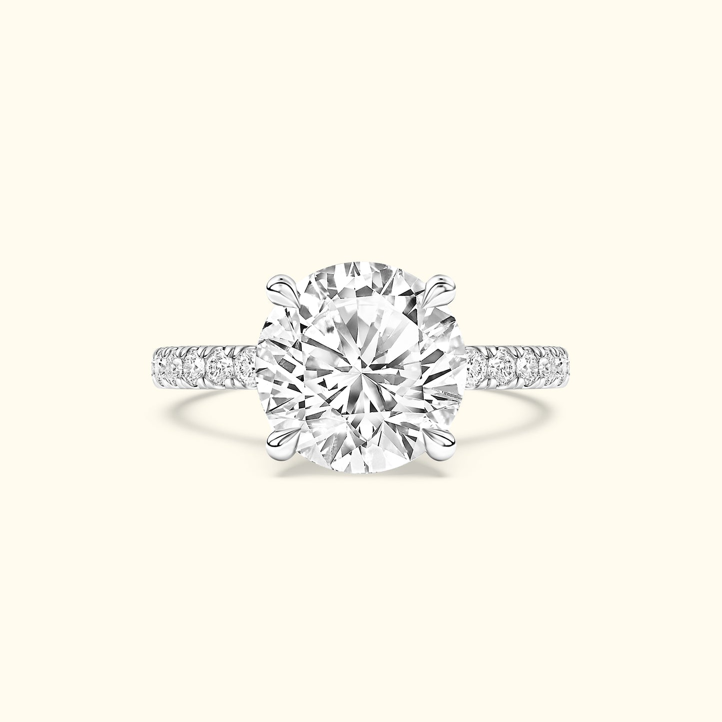 A sparkling diamond engagement ring with a large central stone and smaller accent stones on the band.