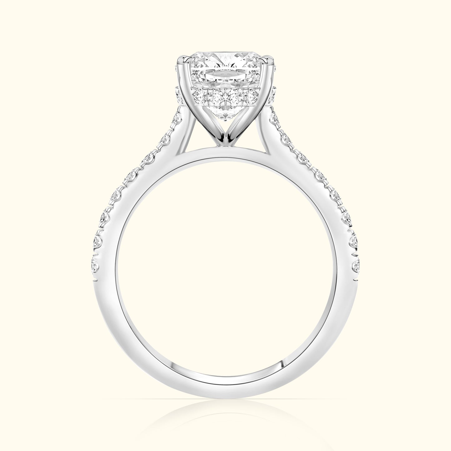 Elegant diamond engagement ring with a halo setting and pave band.