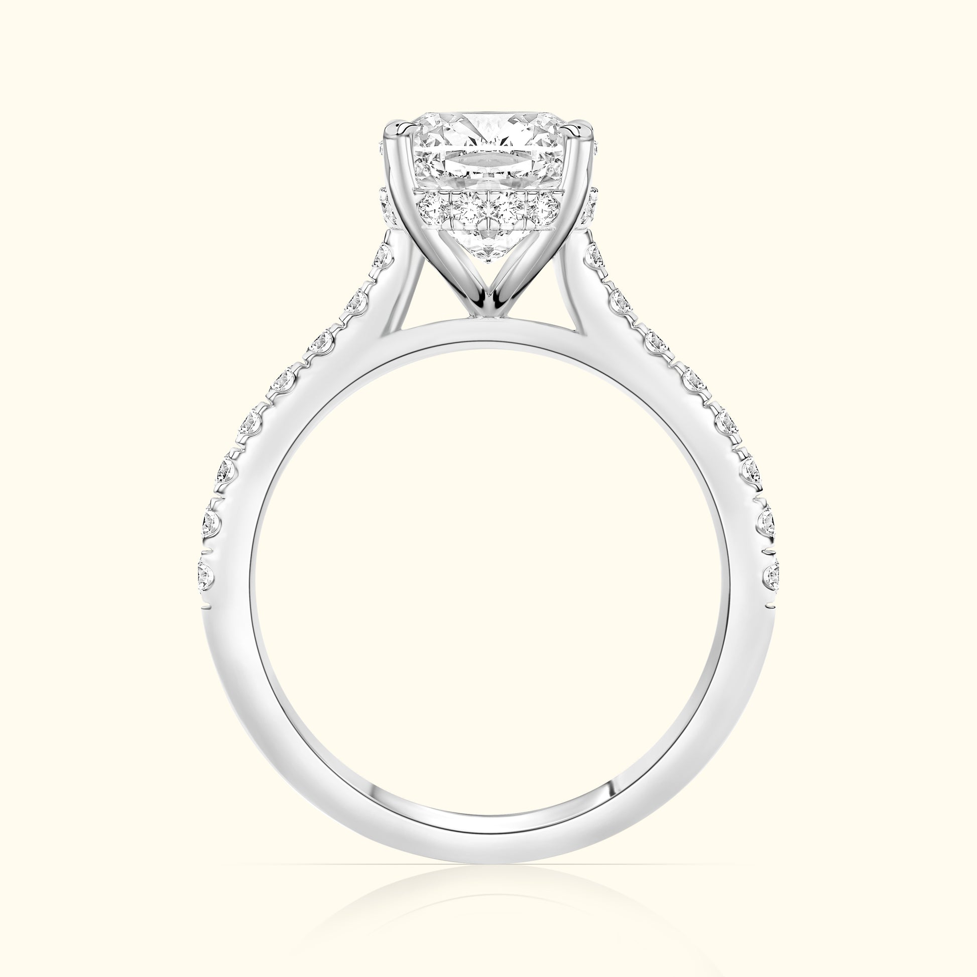 Elegant diamond engagement ring with a halo setting and pave band.