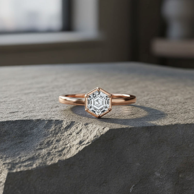 Hexagon 2.00ct Diamond Solitaire Ring with Underhalo