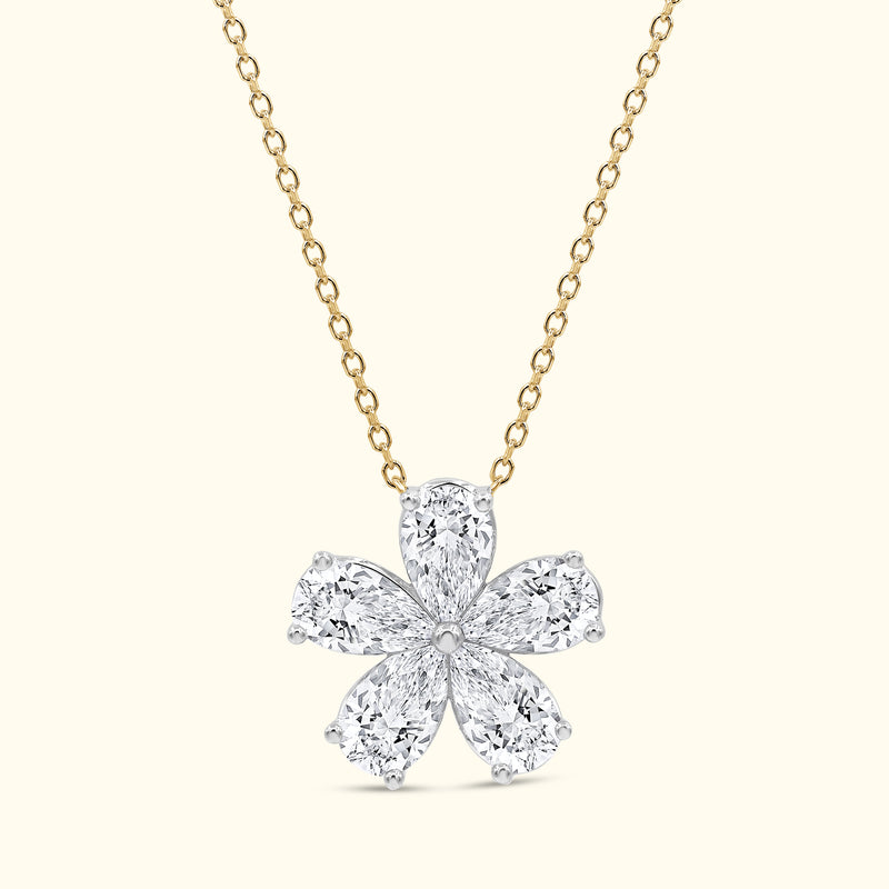 Gold chain necklace featuring a floral pendant made of pear-shaped and round diamonds.