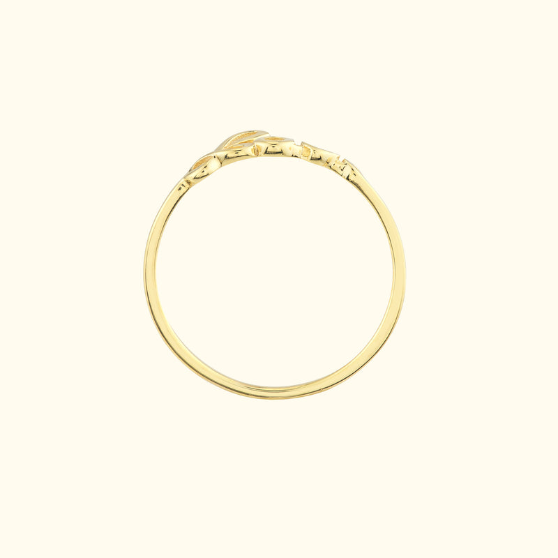 Delicate gold ring with intricate detailing, set against a light background.