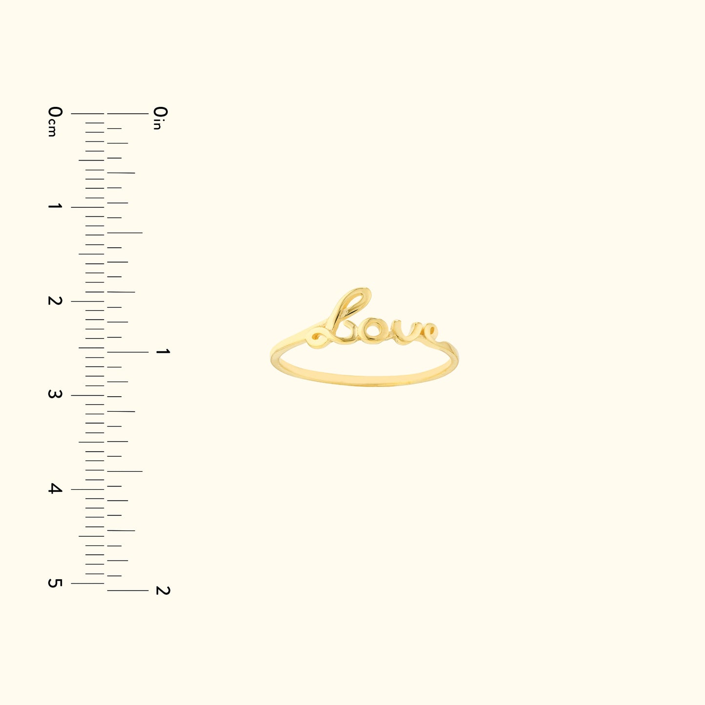 Gold ring featuring the word "love" in cursive script, displayed against a light background.