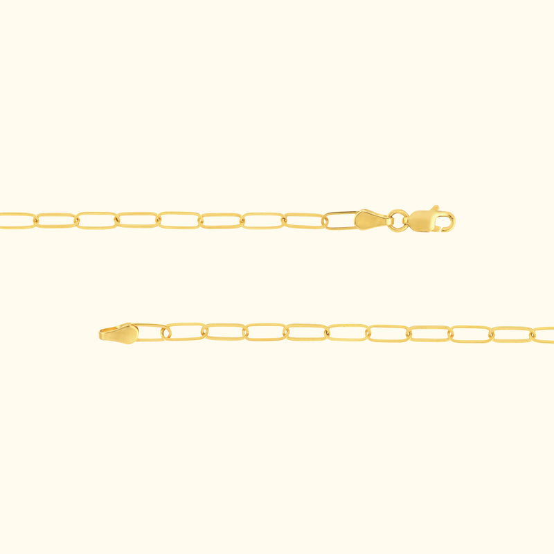 Delicate gold chain necklace with small elongated links and a clasp.