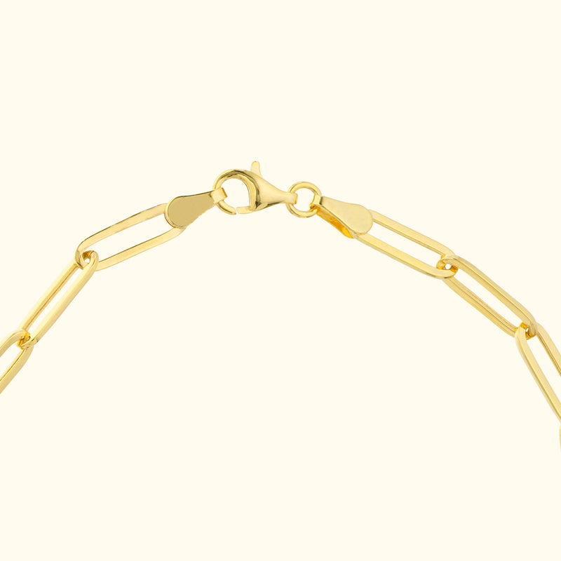 Close-up of a gold link bracelet with a lobster clasp.
