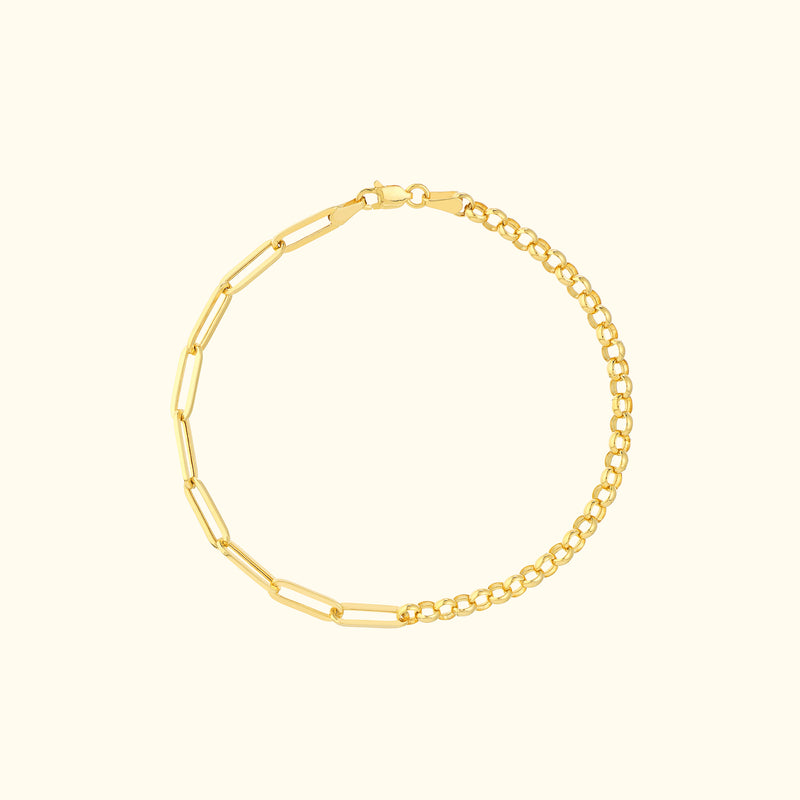 Gold bracelet featuring a mix of elongated and round links.