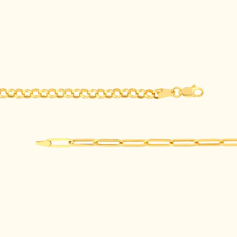 Two gold chains displayed on a light background, showing different link styles.