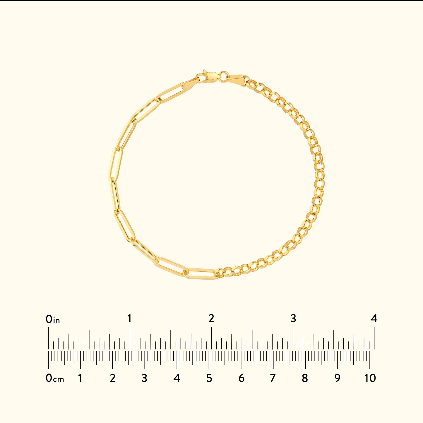 Gold chain bracelet featuring mixed link styles against a light background.