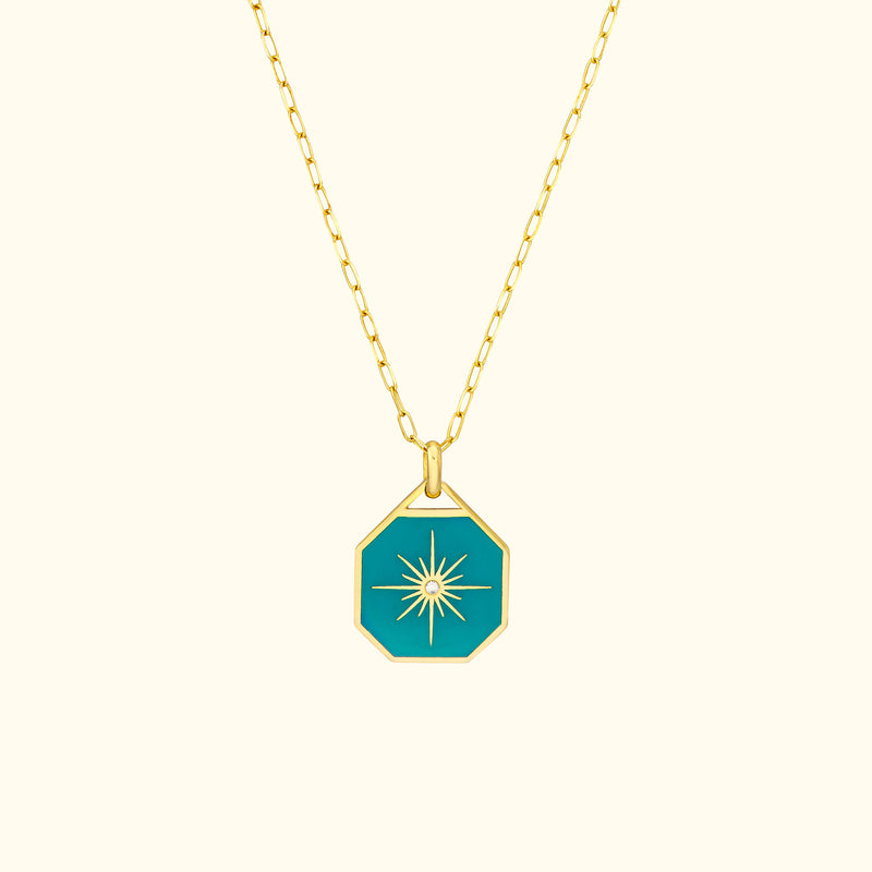 Teal Enamel Star Octagon Medallion Necklace