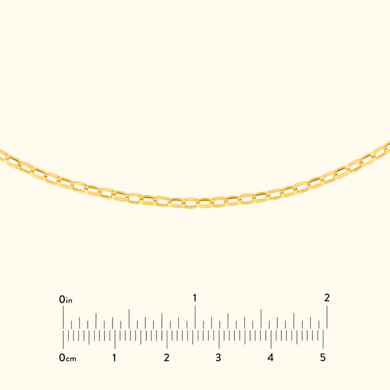 Gold chain necklace displayed horizontally with a ruler for size reference.