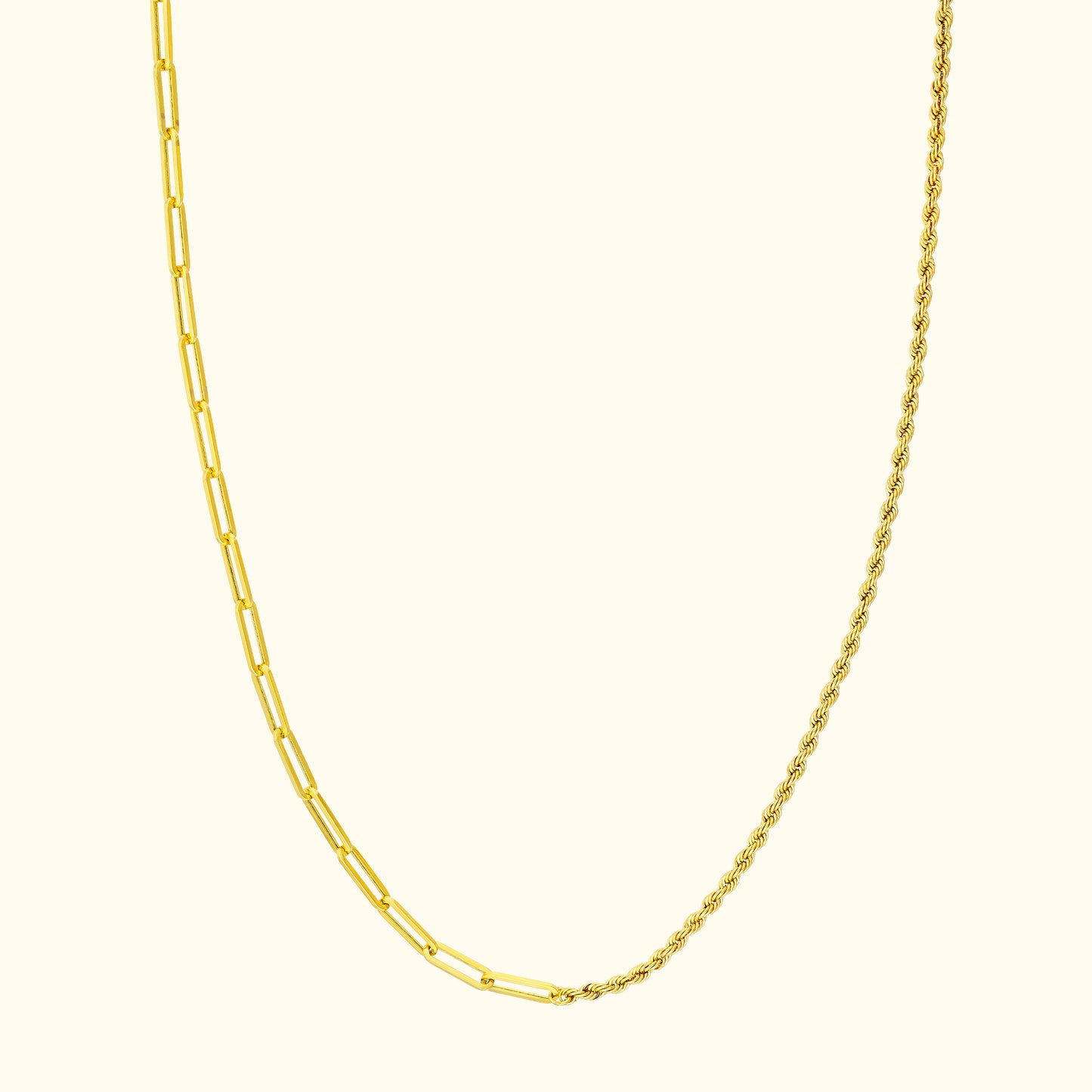 Gold chain necklace featuring both link and twisted designs.