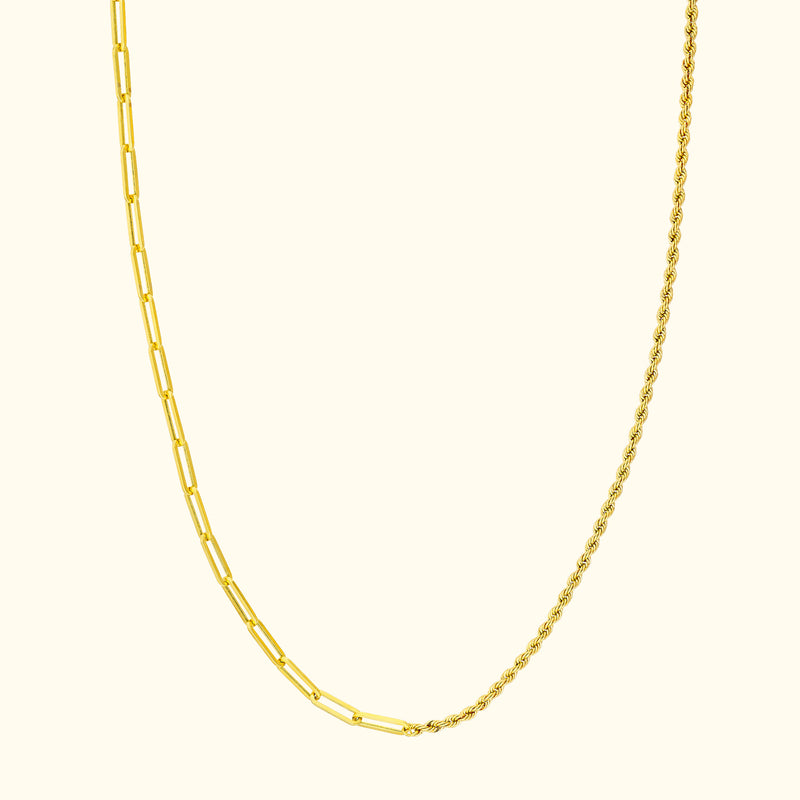 Gold chain necklace featuring both link and twisted designs.