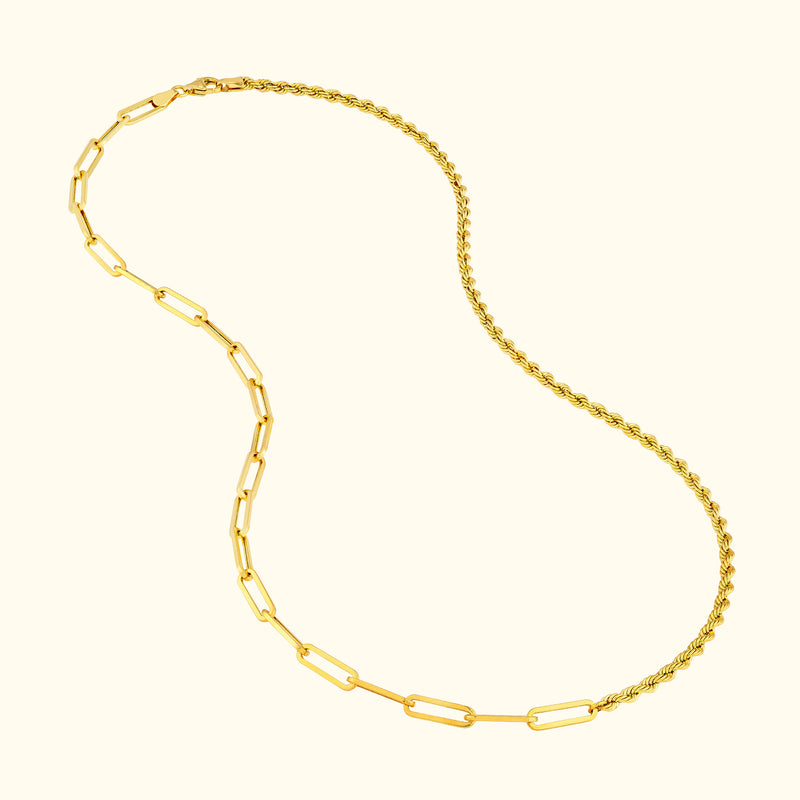 Golden chain necklace featuring alternating paperclip and twisted links.