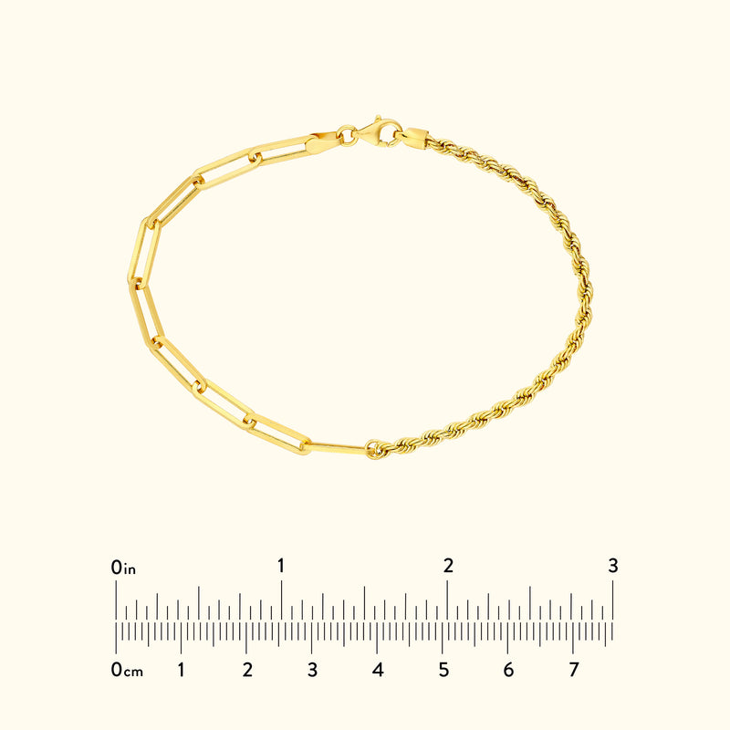 A gold bracelet featuring a mix of chain links and twisted design.