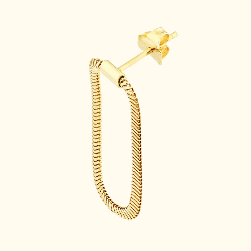 Gold hoop earring with a textured design and a secure backing.