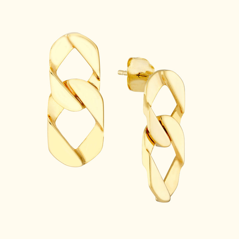 Gold chain link earrings with a modern design.
