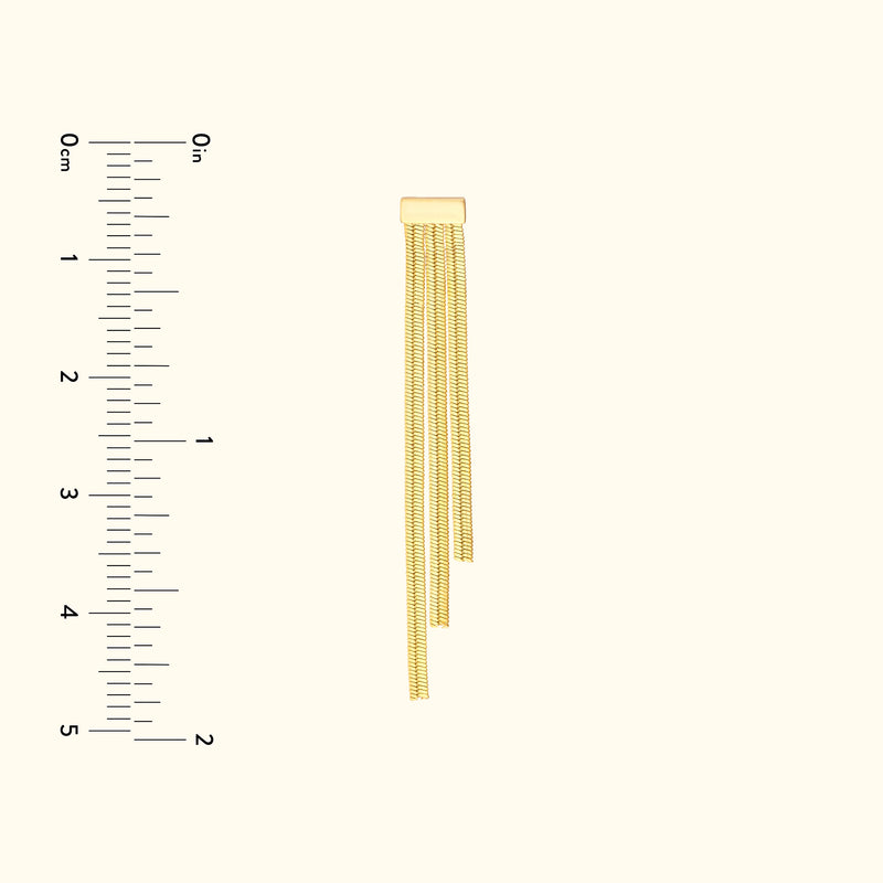 Gold chain with three dangling strands, displayed vertically beside a ruler for size reference.