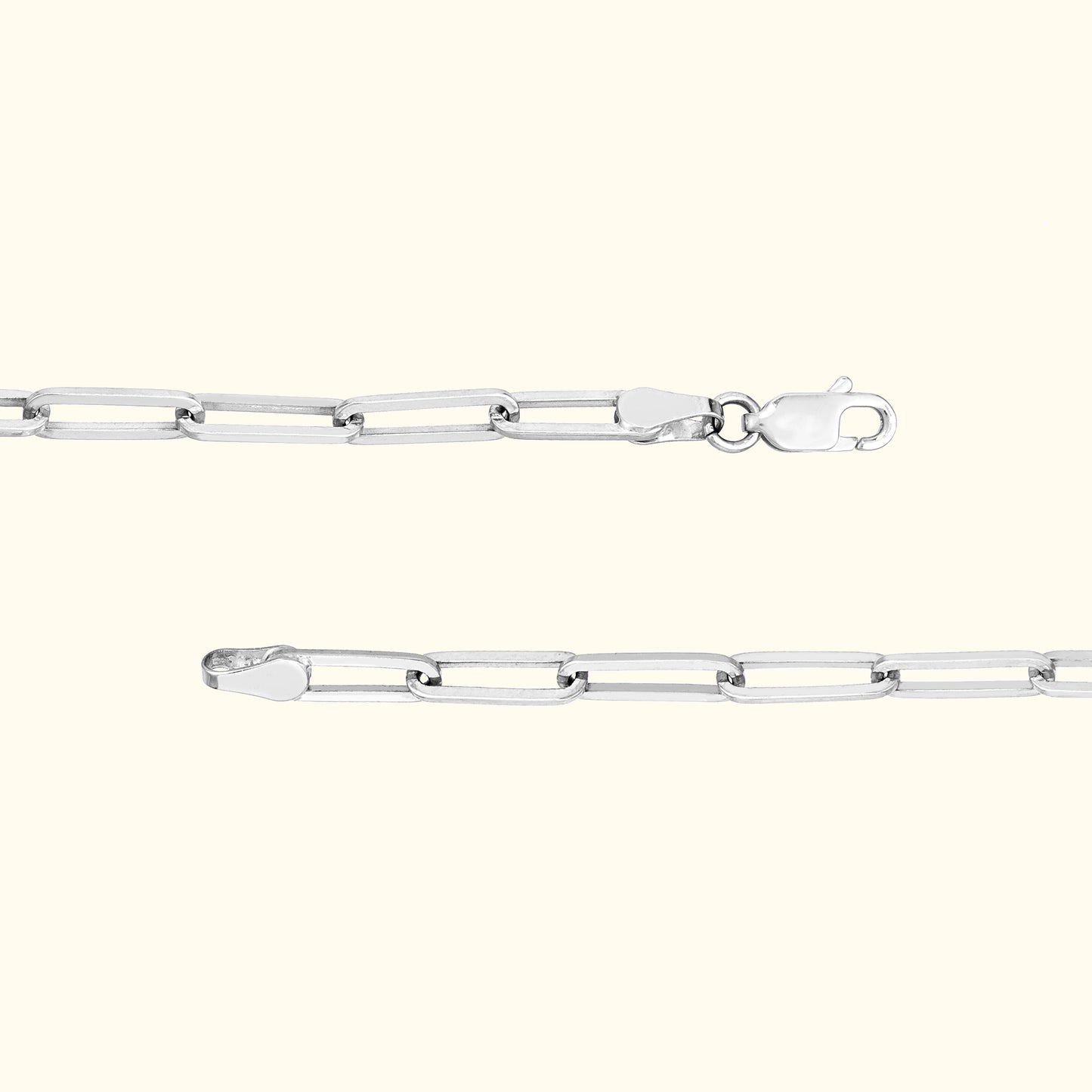 Silver link chain bracelet with a clasp, displayed horizontally and vertically.
